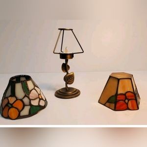 Vintage Stained Glass Pansy Round Candle Lamp Antique Brass with 2 Shades